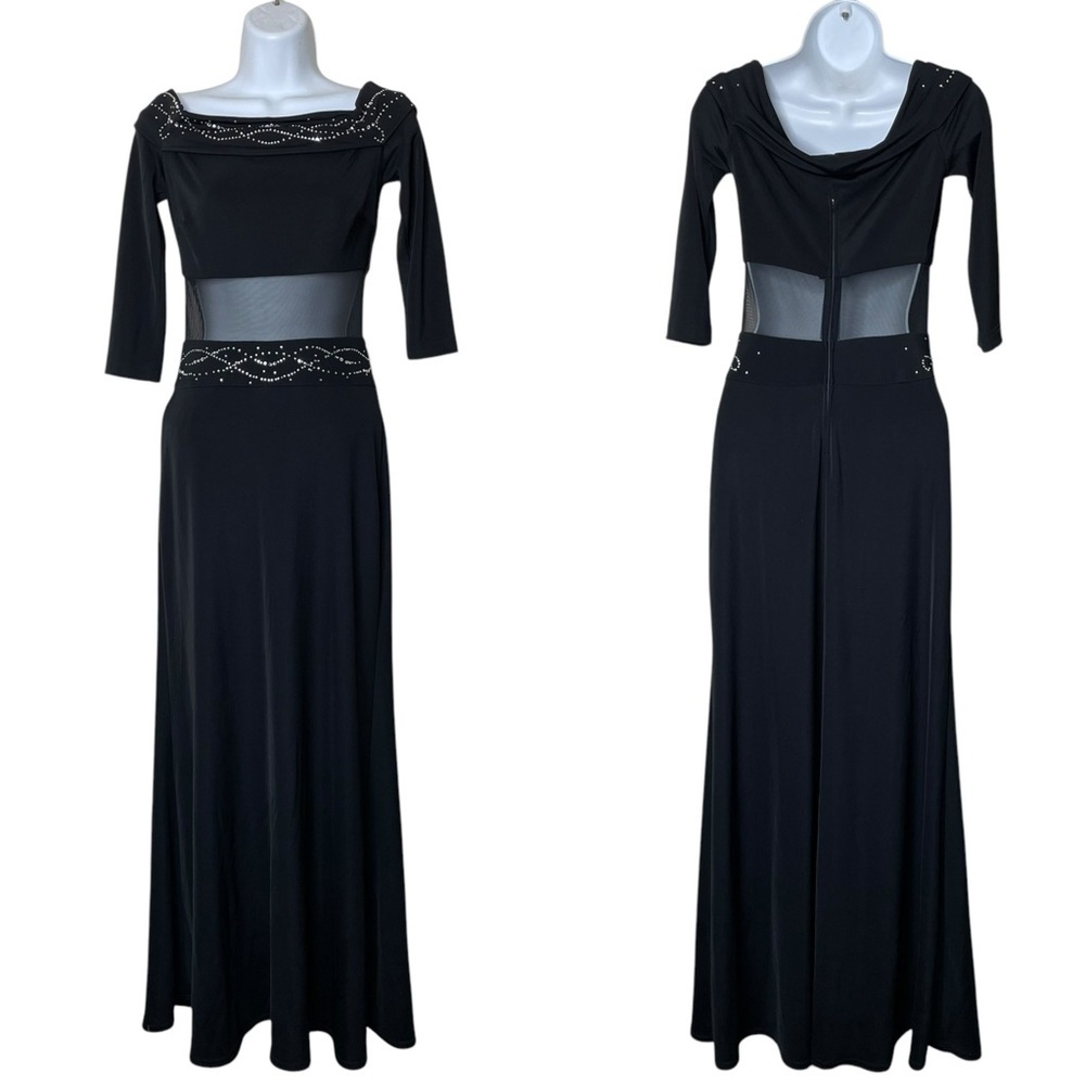 Vintage Tadashi Shoji Crystal Beaded Black‎ Maxi Evening Dress